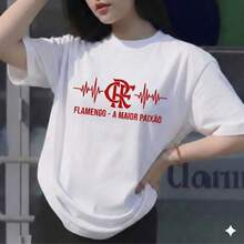 Women's T-Shirt, Flamengo Blouse, The Greatest Passion, Premium Cotton T-Shirt With Heartbeat Design. - 白/紅 - 查看 1