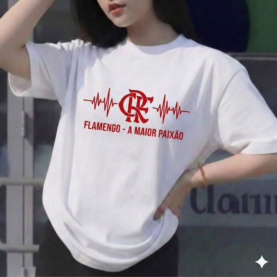 Women's T-Shirt, Flamengo Blouse, The Greatest Passion, Premium Cotton T-Shirt With Heartbeat Design. - 白/紅 - 查看 1