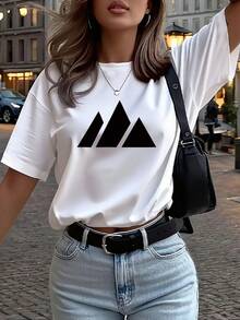 Camiseta con estampado geométrico de triángulos, de talla grande, casual y cómoda para uso diario en verano, atuendo de vacaciones, top para el Día de San Valentín, ropa de mujer para el Día de San Valentín, atuendo de vacaciones, ropa de oficina para mujer - Blanco - Ver 3