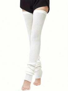 1 Pair Women's Thick Leg Warmers - Thigh-High Footless Winter Socks, Soft Warm Knee-High Bootless Design For Bed, Couch & Outdoor, Hand Washable Cozy Gift For Wife, Girlfriend (No-Dryer Care) - 白色 - 查看 4