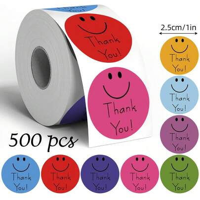 500pcs Colorful & Thank You Doodle Stickers, 1 Inch Round, 8 Colors, Suitable For Scrapbooking, Diary, DIY Decoration, Cards, Envelopes, Gift Wrapping, Daily Use And Holiday Parties, PVC Sticker