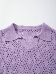 Camiseta de punto de manga corta con cuello polo, diseño elegante de nicho, patrón de cuadrícula de diamante sólido minimalista y holgado, para hombre, versátil para ir al trabajo, primavera/verano - Morado - Ver 4