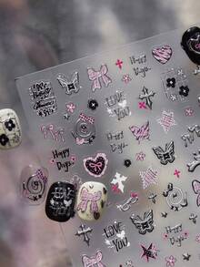 1张5D烫印美甲贴纸，深色美甲贴纸，兔子蝴蝶结自粘美甲贴纸，DIY可爱卡通美甲贴纸美甲用品 - 彩色 - 查看 7