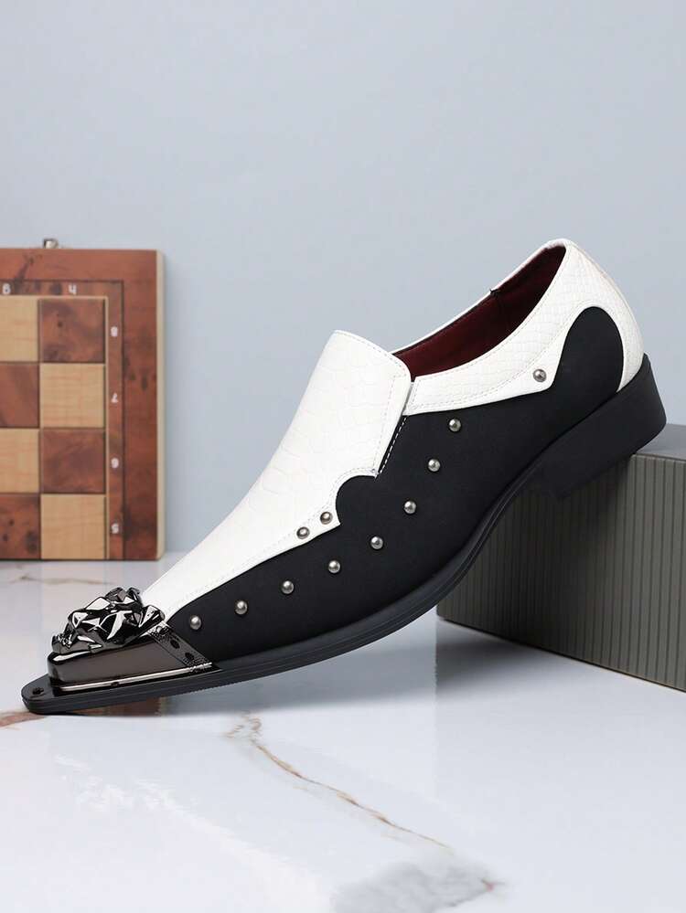 1双男士金属鞋头PU皮鞋面橡胶鞋底套脚休闲鞋，适合休闲场合 - 白色 - 查看 14