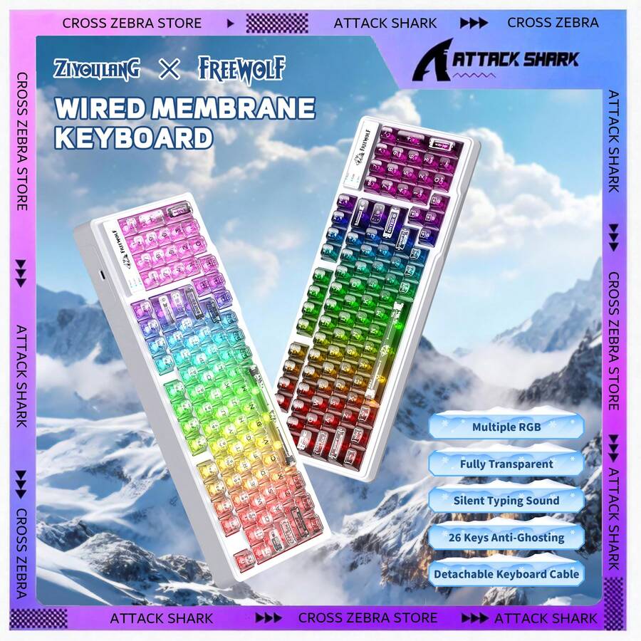 ATTACK SHARK * FREEWOLF M95 透明薄膜机械键盘，带 RGB 背光，94 个静音按键，26 键无冲突，适合 PC 游戏玩家，2026 年节日和新年礼物 - 黑/白 - 彩色 - 查看 1