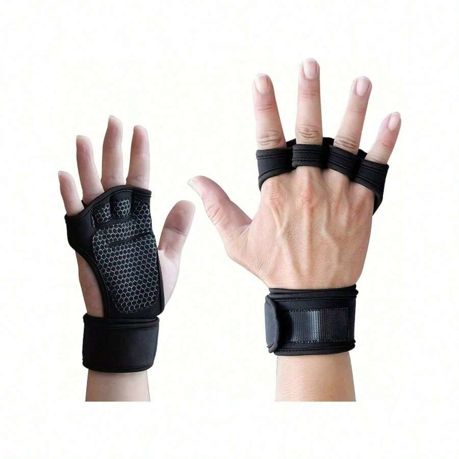 Breathable Unisex Fingerless Fitness Gloves, Suitable For Weightlifting And Fitness Training, With Adjustable Wrist Strap, Breathable Polyester Mesh Fabric - Black - View 1