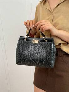 2024复古欧美风女士手提包，采用定制防刮印花面料，适合作为节日礼物，也适合中年妈妈日常通勤和购物，大容量满足通勤和购物需求，可肩背或手提 - 黑色 - 查看 3
