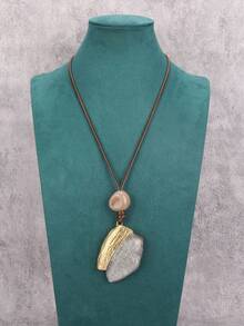 1pc Fashionable Asymmetrical Oval Alloy Resin Inlaid Pendant Necklace, Unique Beaded Choker Necklace, Party Jewelry Gift For Lover On Valentine's Day - Brown Wax Rope - View 8