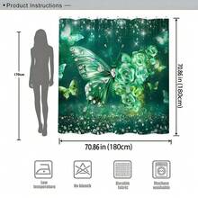 翡翠蝴蝶玫瑰闪亮钻石印花浴帘 180x180cm 涤纶防水防霉加厚可水洗梦幻浪漫风格浴室隔断帘奢华闪光花卉浴帘家居酒店公寓浴室装饰必备少女心浴室配件 - 寶石綠 - 查看 3