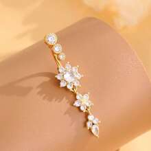 1pc 5-Pointed Star Flower 3-Segment Pendant With 21pcs Zirconia Stainless Steel Navel Ring, Classic Belly Button Piercing Jewelry For Daily Wear - Flower Shape - View 7