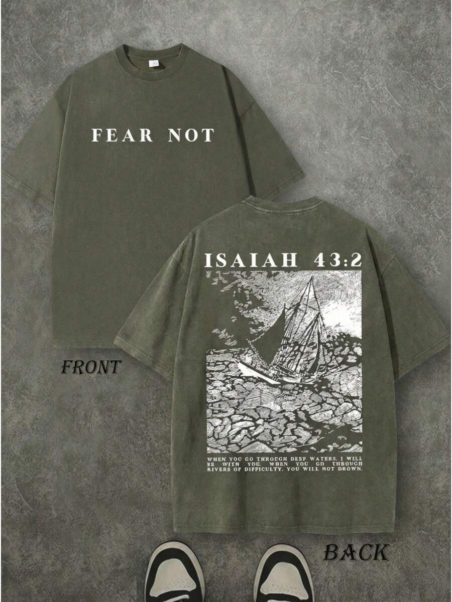 'Fear Not' Unisex Washed Christian Shirt,Christian Jesus T Shirt, Vintage Wash T-Shirt, Graphic T-Shirt,Summer Tops Casual Wear 230g Washed 100 Percent Cotton Round Neck Short-Sleeved T-Shirt - xanh quân đội - Xem 1