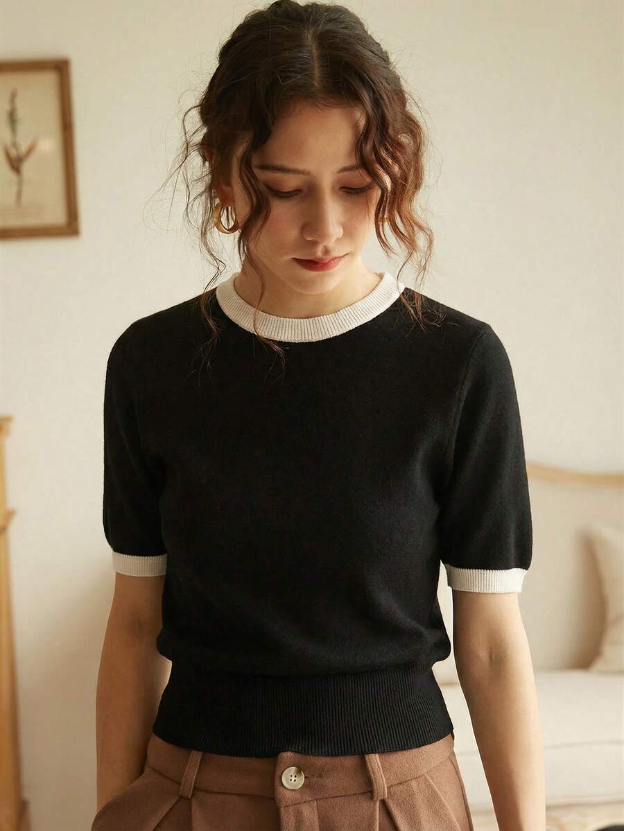 優雅女款法式復古風休閒針織上衣，短袖圓領拼色套頭毛衣上衣，秋冬返校季穿搭 - 黑色 - 查看 1