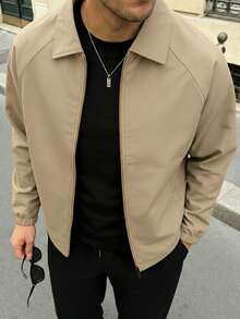 男士休闲纯色教练夹克，简约百搭时尚翻领男士秋季外套 - 駝色 - 查看 2