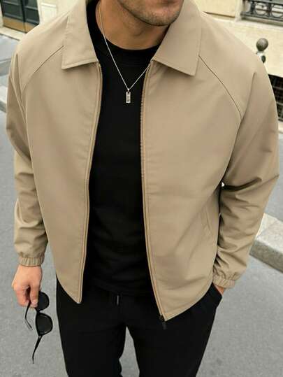 Men's Casual Solid Color Coach Jacket, Minimalist Versatile Fashion Lapel Collar Men's Outerwear For Autumn