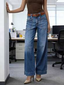 新款女士休闲日常穿搭必备宽松直筒多功能弹力牛仔裤 - 中等水洗藍 - 查看 5