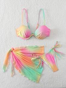 Set bikini LUCKY HOLIDAY 2026, nou, la modă, cu imprimeu Tie-Dye colorat, din 3 piese, cu plasă, stil sexy și elegant, potrivit pentru Ziua Îndrăgostiților, petreceri de vară pe plajă și vacanțe pentru femei - Multicolor - Vizualizare 5
