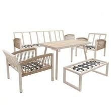 Handwoven 7-Seater Garden Sofa With Armrests / Sturdy Iron Frame And Beige Cushions / Includes A Table (Wood-Effect Glass) And 2 Armchairs / Weather-Resistant Patio Set - Beige - View 8