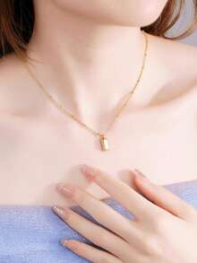 VJS 18K镀金条形吊坠项链，简约幸运金砖不锈钢项链 - 金黃色 - 查看 1