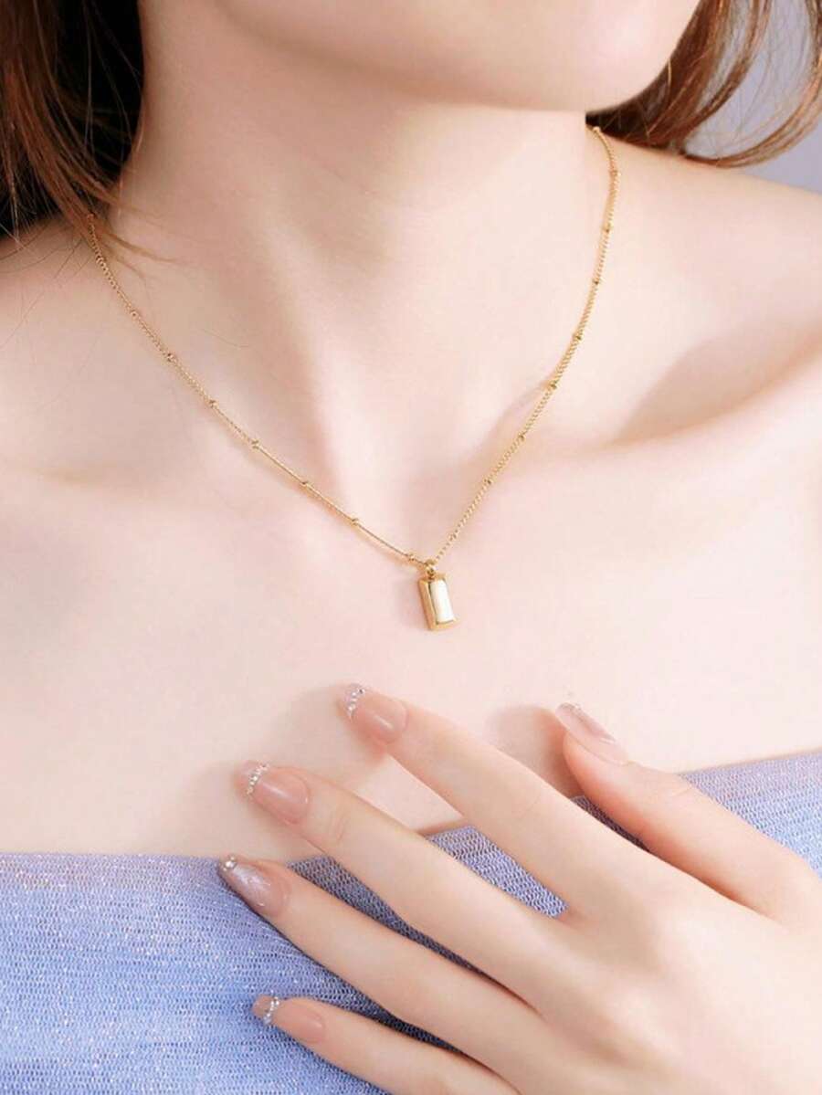 VJS 18K镀金条形吊坠项链，简约幸运金砖不锈钢项链 - 金黃色 - 查看 1