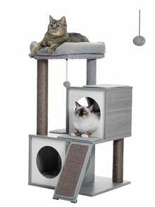 PAWZ Road Árbol para gatos de 89 cm, torre para gatos con cuevas dobles, percha extraíble y espaciosa, postes rascadores totalmente envueltos en sisal, bolas colgantes intercambiables, color gris - Gris - Ver 2