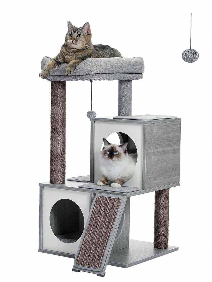 PAWZ Road Árbol para gatos de 89 cm, torre para gatos con cuevas dobles, percha extraíble y espaciosa, postes rascadores totalmente envueltos en sisal, bolas colgantes intercambiables, color gris