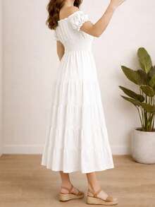Vestido Largo Campesino Casual con Hombros Descubiertos. Falda en Capas. Ligero y Fresco - Blanco - Ver 3