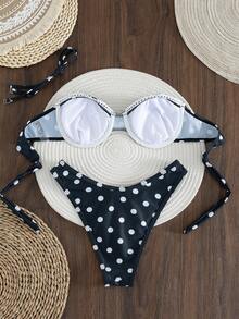 Bộ bikini mùa hè gợi cảm 2 món - Áo tam giác chấm bi màu tím đậm và quần bikini buộc dây bên hông có bèo nhún | Đồ bơi đi biển cho nữ - màu đen - Xem 4