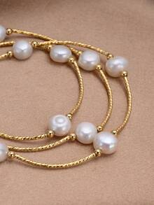 1pc 18K Gold Plated Natural Pearl Elastic Cord Multi-Layer Bracelet, Gift For Mother's Day, Valentine's Day, Birthday, Wedding, Engagement, Bride - White - View 3