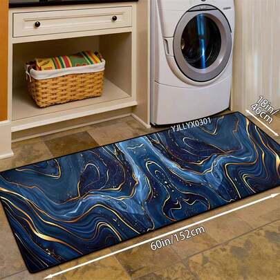 1pc Extra Long Runner Mat - Non-Shedding Mat With Navy Blue, Golden Ocean Pattern - Heavy-Duty Polyester Mat For Hallway, Conference Room, Laundry - Machine Washable Floor Mat For Home, Office, Hotel - Modern Decorative Mat, Home Decoration, Artistic Accent, Durable Fabric, Stylish Covering, Event Decorators, Interior Designers - Warehouse Substrate Construction Texture Style SIHTLF In SILGH
