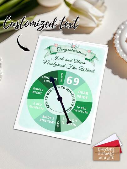 Customize Personalized Newlywed Fun Wheel Card,Interactive Spin Wheel Wedding Greeting Card ,With Envelope,Green Floral Design, Wedding Gift,Wedding Congratulations Gift,Wedding Fun Wheel Card,Guest Game Cards, Party Activities, Game Gifts