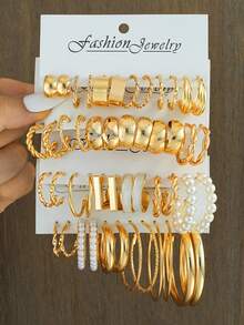 48/12pcs Fashionable Bohemian Style Women Metal Earring Set, Faux Pearl Earrings, Geometric C-Shape Stud Earrings, Suitable For Daily Life, Party Wear, Holiday Gift Jewelry Set - Yellow Gold - View 12