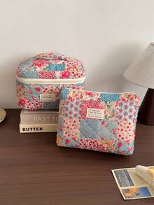 Vintage Elegant Patchwork Pattern Cosmetic Bag Set, Fashion Large Capacity Multi-Compartment Handbag, Multifunctional Travel Organizer Pouch, Storage Bag For Cosmetics, Makeup Tools, Etc., Holiday Gift,Pouch,Makeup Pouch,Travel Essential - Multicolor - View 4