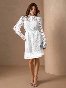 优雅女士立领泡泡袖纽扣腰A字连衣裙 - 白色 - 查看 7