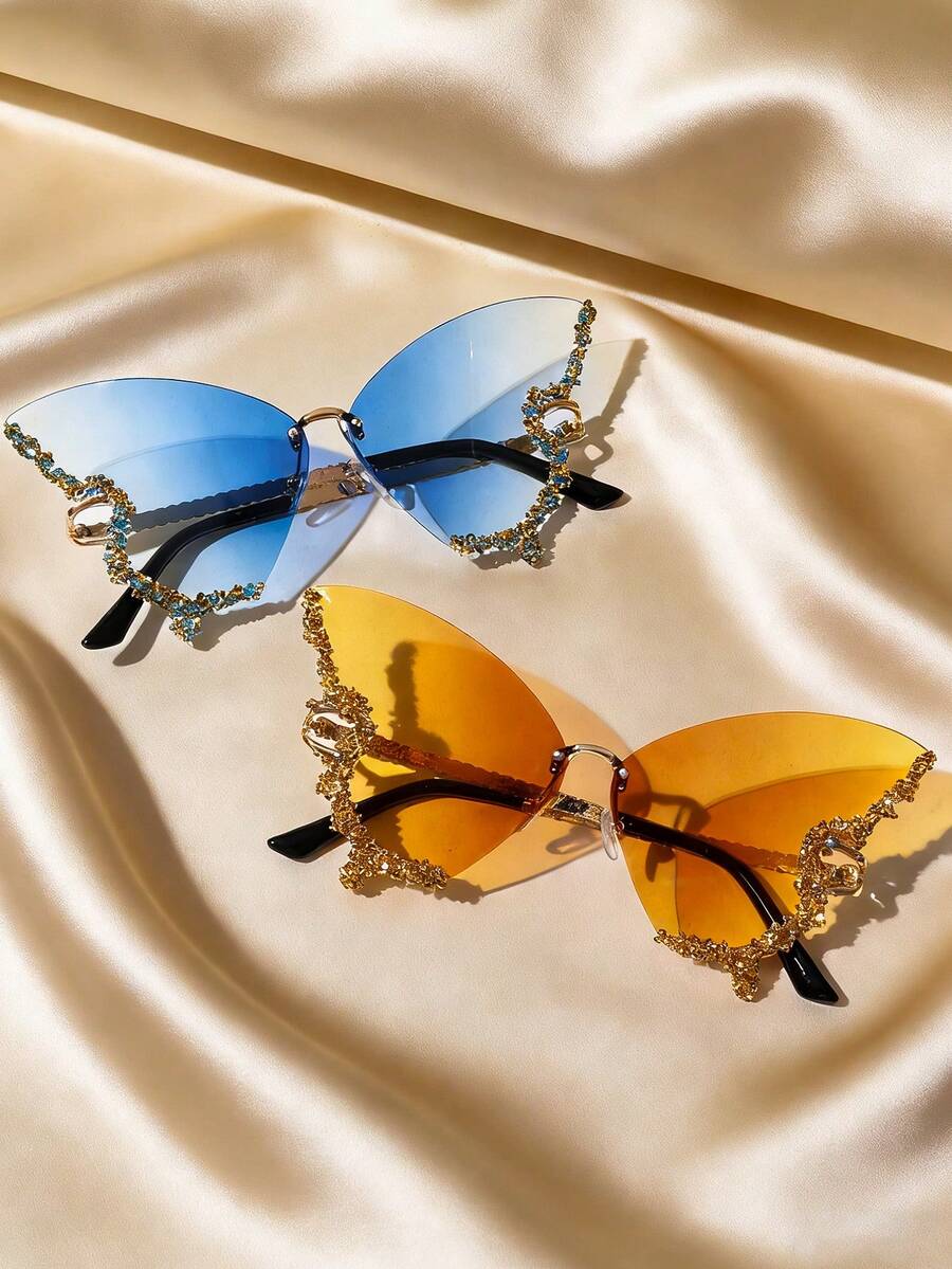 1-2pcs Fashionable Butterfly Shaped Rhinestone Frameless Fashion Glasses, Suitable For Travel, Y2K Style Rhinestone Butterfly Frame Fashion Glasses Suitable For Summer Beach Vacation And Outdoor Travel