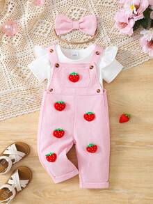 3件套夏季女婴白色短袖连体衣、草莓印花连体裤和蝴蝶结发带套装 - 彩色 - 查看 3