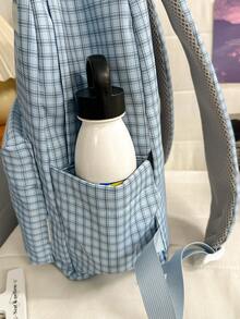 1pc Nylon Plaid Cute Backpack, Fashion Casual Large Capacity Student Bag, Unisex - Blue - View 5