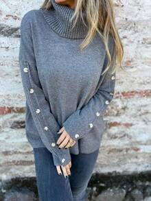 Full Size Turtleneck Long Sleeve Sweater Plus Size - trắng - Xem 5