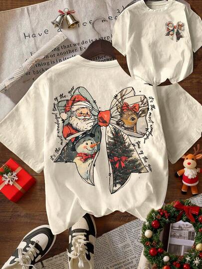 复古圣诞老人和雪人蝴蝶结图案T恤，女士休闲圆领短袖T恤，秋冬款