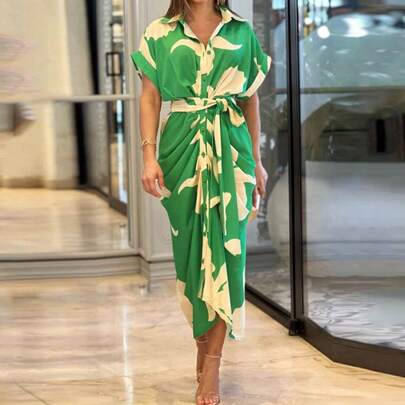 Moda Calle Vestidos para Mujer Primavera Verano 2026, Vestido Camisero Largo de Manga Corta con Cuello Estampado y Cintura Alta