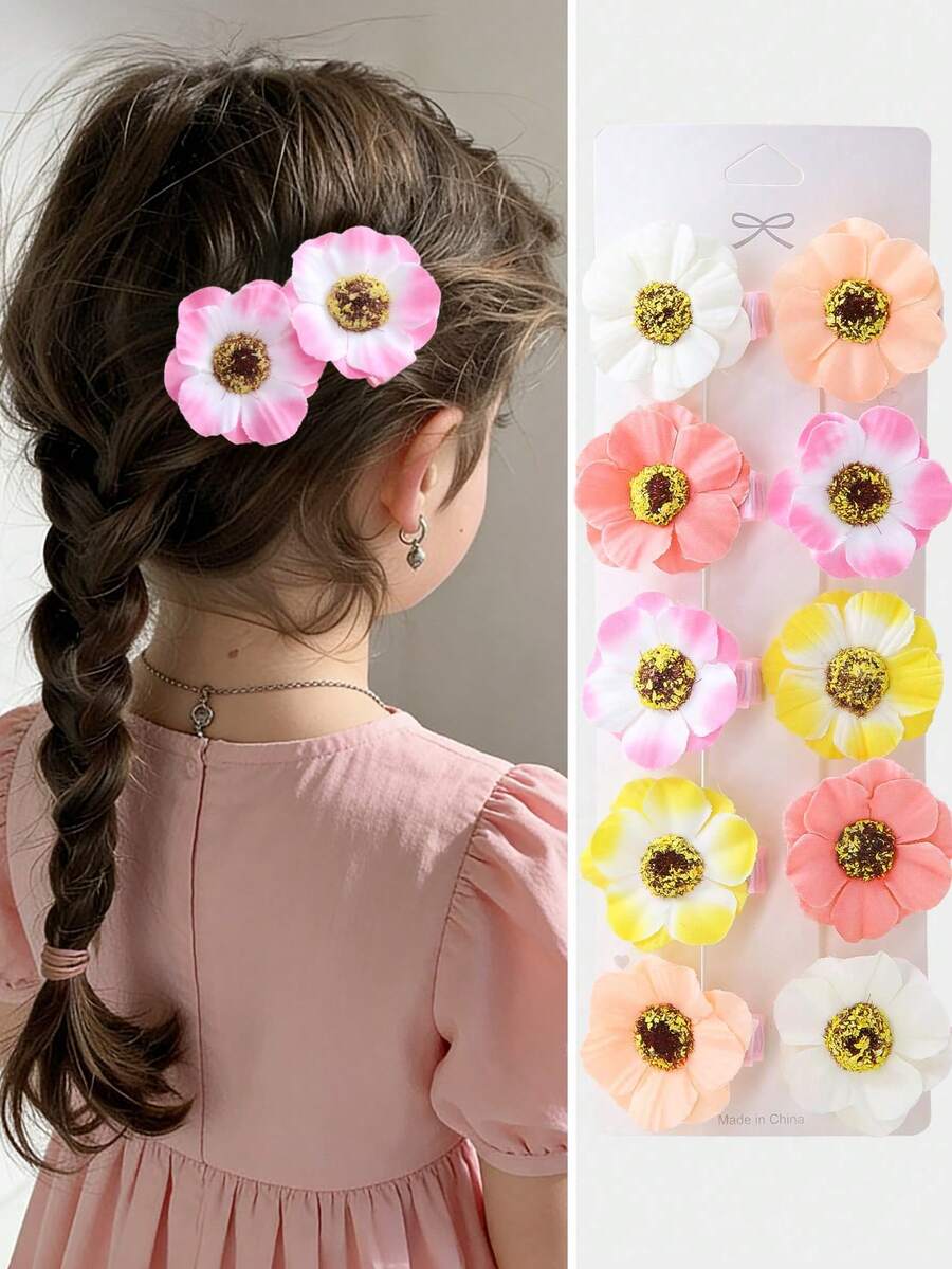 10pcs Set Teen Girls Faux Flower Hair Clips, Beach Travel Holiday Photo Props Floral Decoration DIY Bangs Hair Accessories - Multicolor - View 1