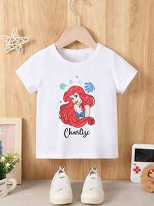 Disney Baby Girl T-Shirt Features A Disney Princess Ariel Cartoon Alphabet Print Design Made From Breathable, Soft, And Comfortable Fabric Spring/Summer Style Infant And Toddler T-Shirt Perfect For Everyday Wear, Outings, And As A Gift For Babies And Children - 白色 - 查看 2