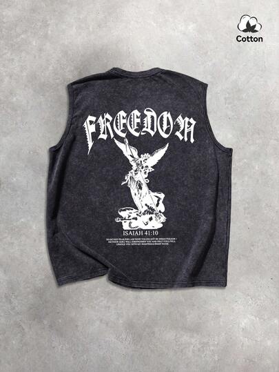 Hemo 男士夏季街头哥特风图案加大码背心，略带弹力水洗黑色休闲无袖上衣，适合日常穿着