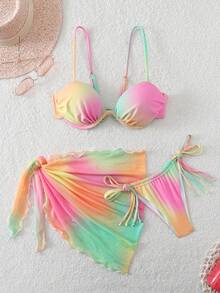 Set bikini LUCKY HOLIDAY 2026, nou, la modă, cu imprimeu Tie-Dye colorat, din 3 piese, cu plasă, stil sexy și elegant, potrivit pentru Ziua Îndrăgostiților, petreceri de vară pe plajă și vacanțe pentru femei - Multicolor - Vizualizare 4