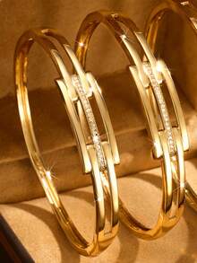 1/2/3 Pieces 18K Golden Plated Copper Elegant Bracelet | Simple Korean Style, Synthetic Zirconia, Versatile Daily , Excluding Box - Square Buckle Bracelet - View 7