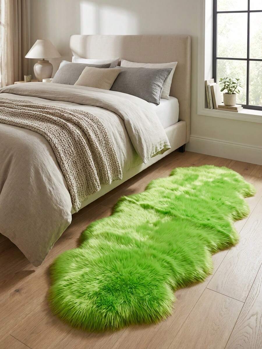 1件绿色柔软仿毛皮地毯 - 棕色蓬松地毯 - 可机洗毛绒椅/沙发套 - 适用于卧室、客厅，尤其适合冬季居家使用，绒面底，非常适合冬季女士家居装饰，卧室地毯 - 嫩芽綠色 - 查看 1