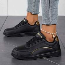 2025 New Women's White Shoes, White Lace-Up Sneakers, Casual Shoes, Flat Sneakers,Sneakers, Lace-Up Flat Casual Shoes, Daily Casual Sneakers - Black - View 5