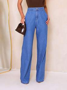 Manon Store Women's Wide Leg Tailored High Waist Elegant Casual Jeans With Zipper, Pocket, Button, For Office, Country Music Concert, Stage And Concert, Night, Travel, Formal And Evening, Autumn/Winter - 淺色水洗藍 - 查看 1