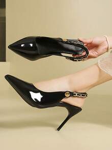 Pointed Toe Rhinestone Embellished Strap Backless Stiletto High Heel Sandals, Elegant French Style, Spring/Summer, Runs Small By Half Size - Black - View 5