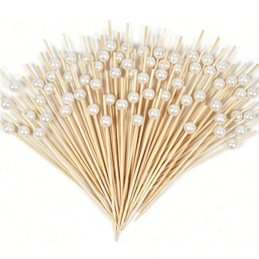 700 piezas/200 piezas/100 piezas/50 piezas/20 piezas/10 piezas Pinchos desechables de bambú blanco, diseño de cuentas redondas, adecuados para cocina, ensalada, boda, fiesta, Navidad - Blanco - Ver 1
