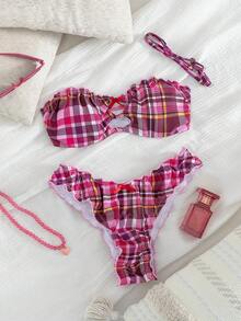 女士新款红粉格子可拆卸肩带泳衣套装，镂空蝴蝶结装饰，荷叶边点缀，复古时尚风格，适合夏季海滩、度假、派对，性感格子泳装度假装 - 玫瑰紅 - 查看 3